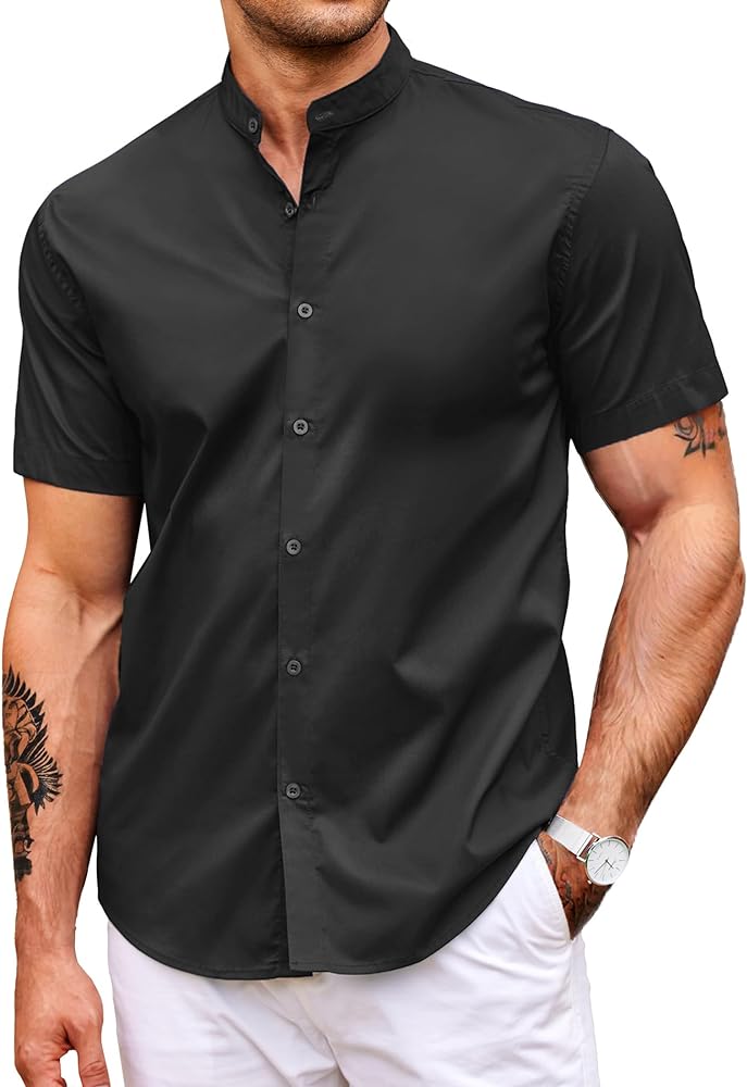 COOFANDY Muscle Fit Dress Shirts for Men Banded Collar Casual Button Down Shirts