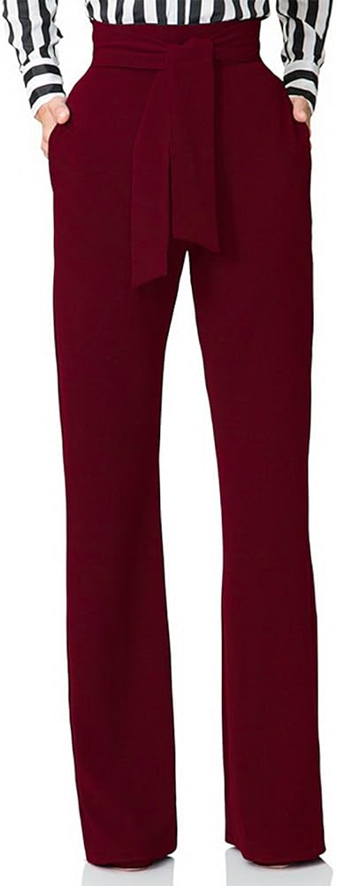 Lucuna Women's Stretchy High Waisted Loose Fit Bootcut Office Work Long Pants with Belt