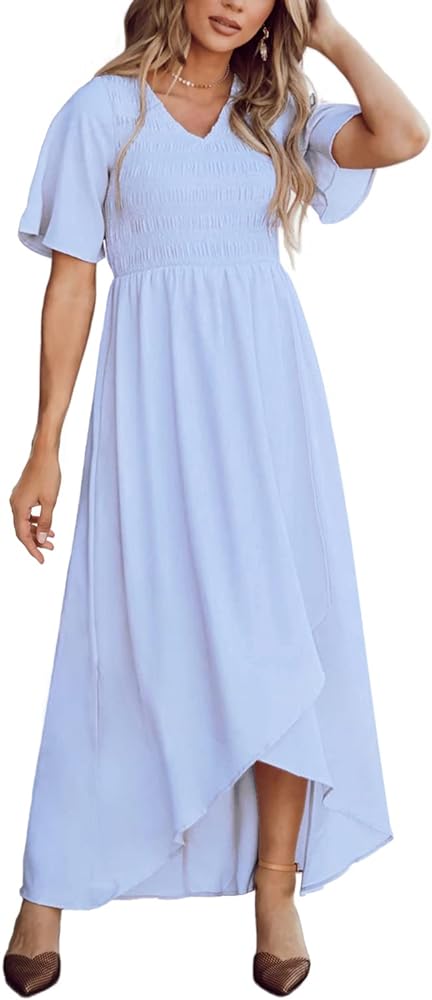 Zattcas Womens 2023 Smocked Maxi Dress Short Sleeve Vneck Casual Summer High Low Flowy Long Dress