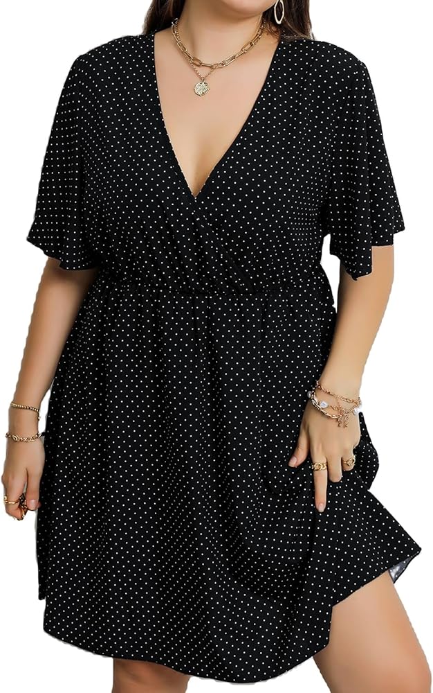 Floerns Women's Plus Size Polka Dots Puff Short Sleeve Wrap V Neck A Line Dress