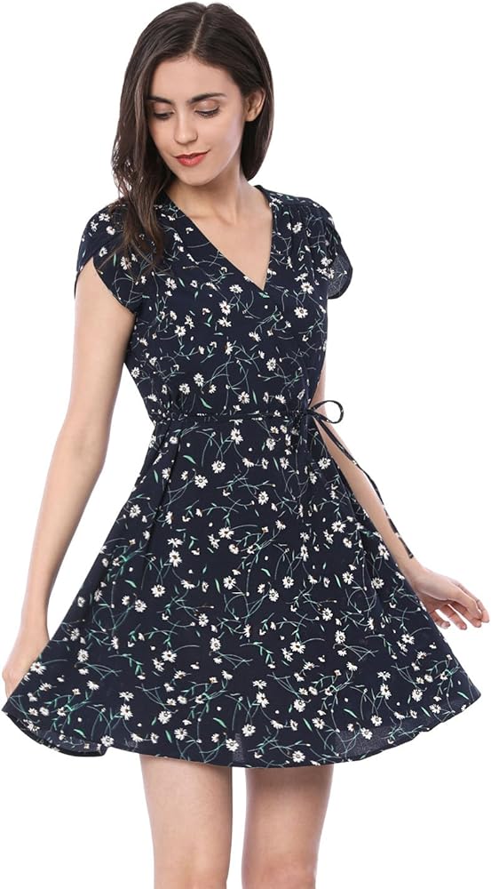 Allegra K Women's Boho Crossover V Neck Petal Sleeves Belted Floral Flowy Dress