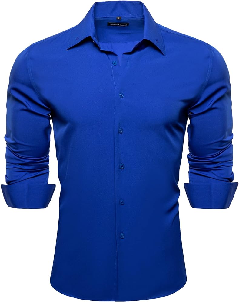 Barry.Wang Men's Button Down Shirt Business Casual Long Sleeve Silk Shirts Formal Wrinkle-Free Stretch Dress Shirts Tops