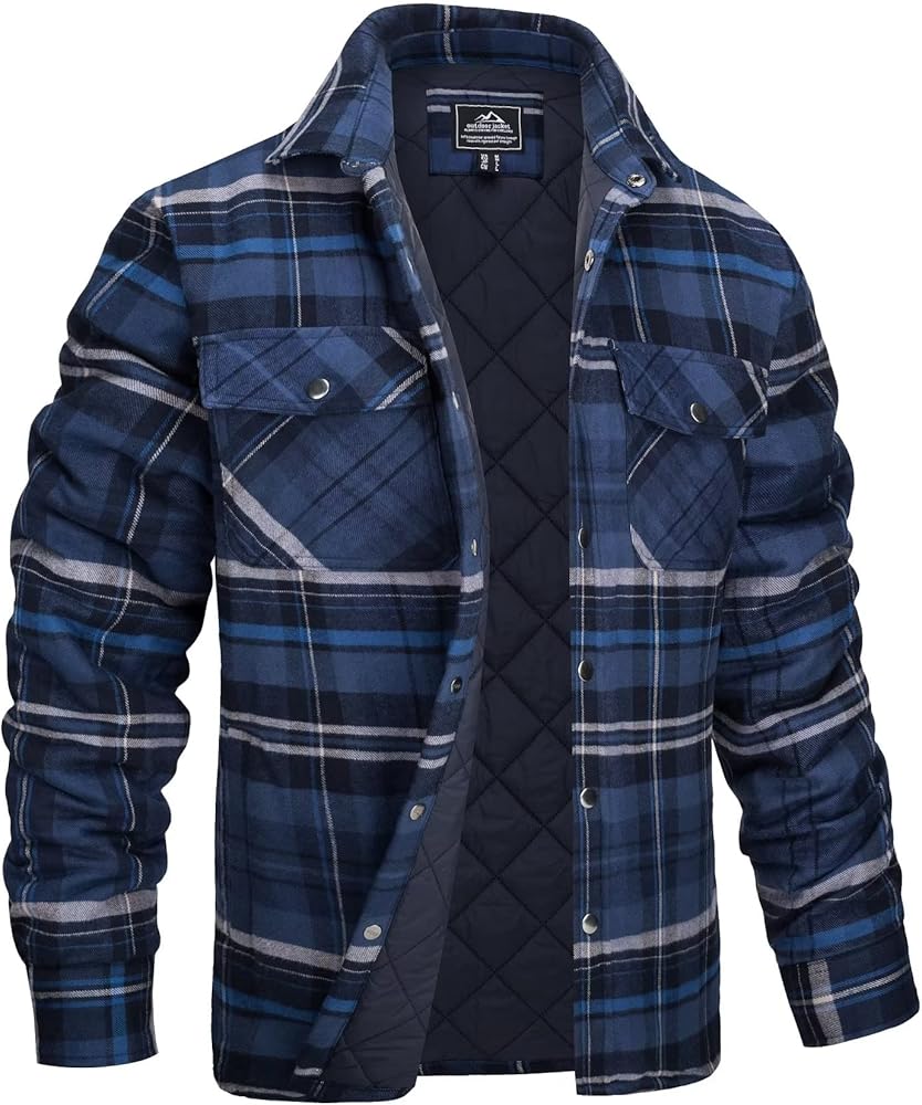 MAGCOMSEN Men's Flannel Shirt Jacket with Quilted Lined Long Sleeve Plaid Coat Button Down Thick Outwear Winter