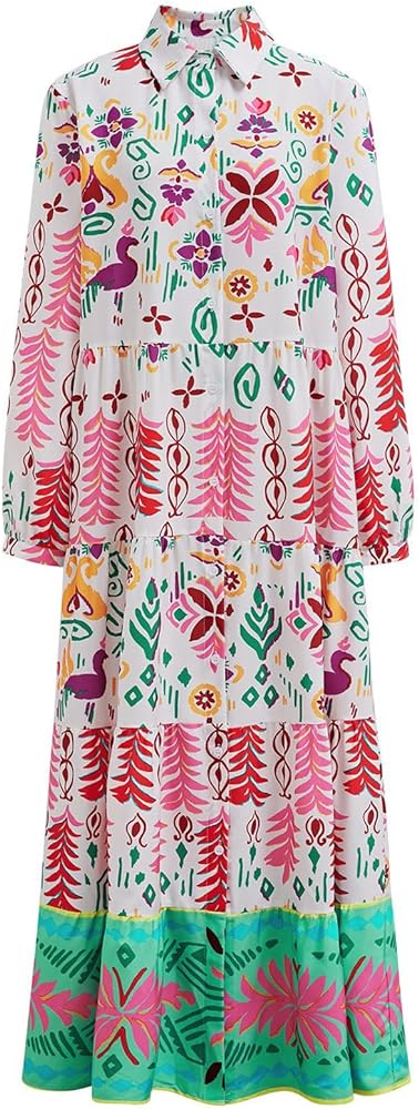 CHICWISH Women Button Down Shirt Dresses Exotic Printed Collared Long Sleeve Summer Casual Beach Long Dress