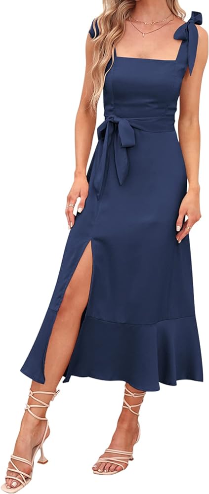 Women's Elegant Bridesmaid Dress Square Neck Ruffle Split Summer Dresses 2024 Wedding Guest Cocktail Party Midi Dress