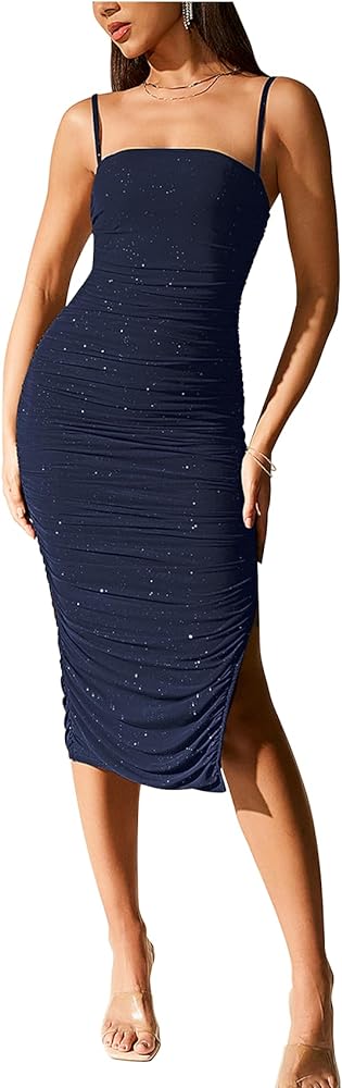 Sequin Bodycon Midi Dress for Women Sexy Sparkly Ruched Mesh Spaghetti Strap Split Cocktail Party Dresses