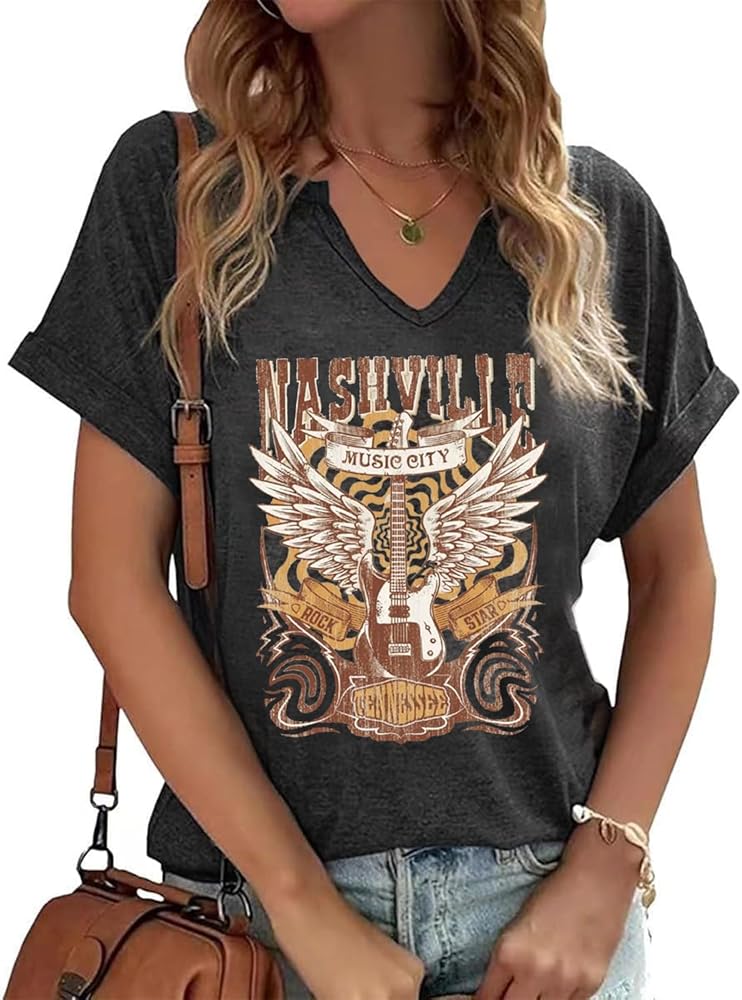 Nashville Music City T-Shirt Womens Country Music Oversized Shirts Rock Band Tshirt Vintage Guitar Wings Graphic Tees