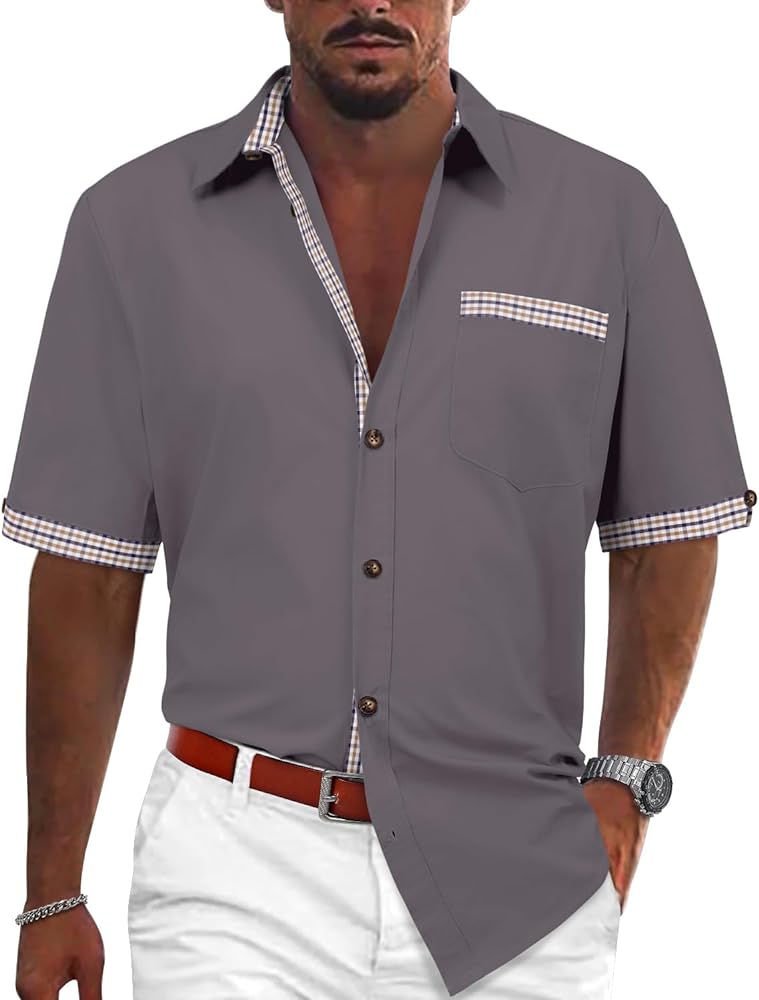 Mens Casual Button Down Short Sleeve Shirt Lightweight Cotton Dress Shirts