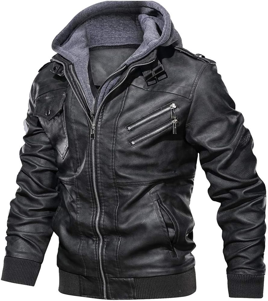 Men'S Leather Jacket Winter Vintage Zipper Hoodie Color Imitation Leather Coat