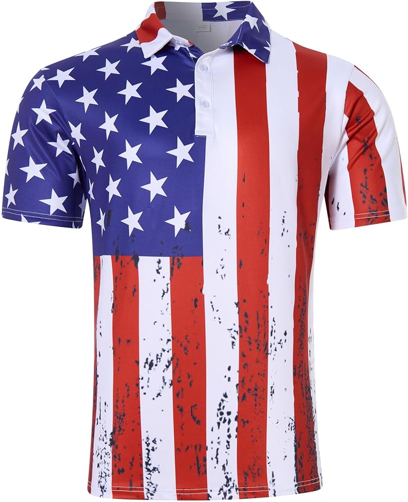 Mens American Flag Golf Shirts 4th of July Polo Shirt Dry Fit USA Patriotic Short Sleeve