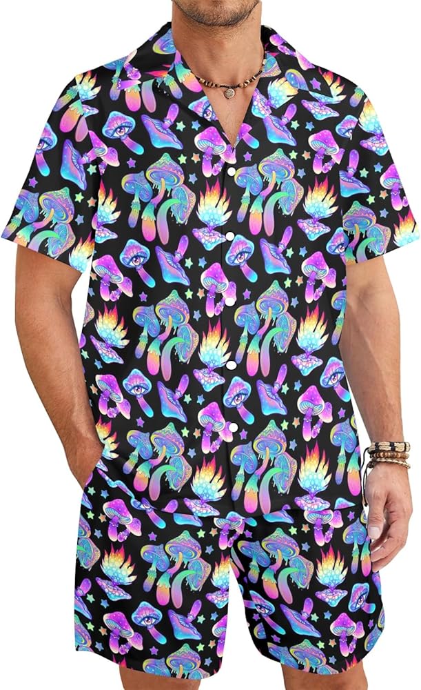 Artsadd 80s 90s Outfits for Men Hawaiian Shirt and Short Set Beach Party Outfit