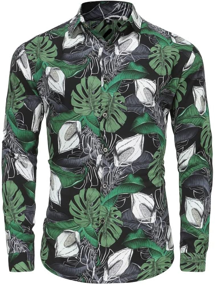 Men's Hawaiian Shirt Floral Slim Fit Paisley Aloha Shirt Long Sleeve Casual Beach Tropical Button Down Shirts