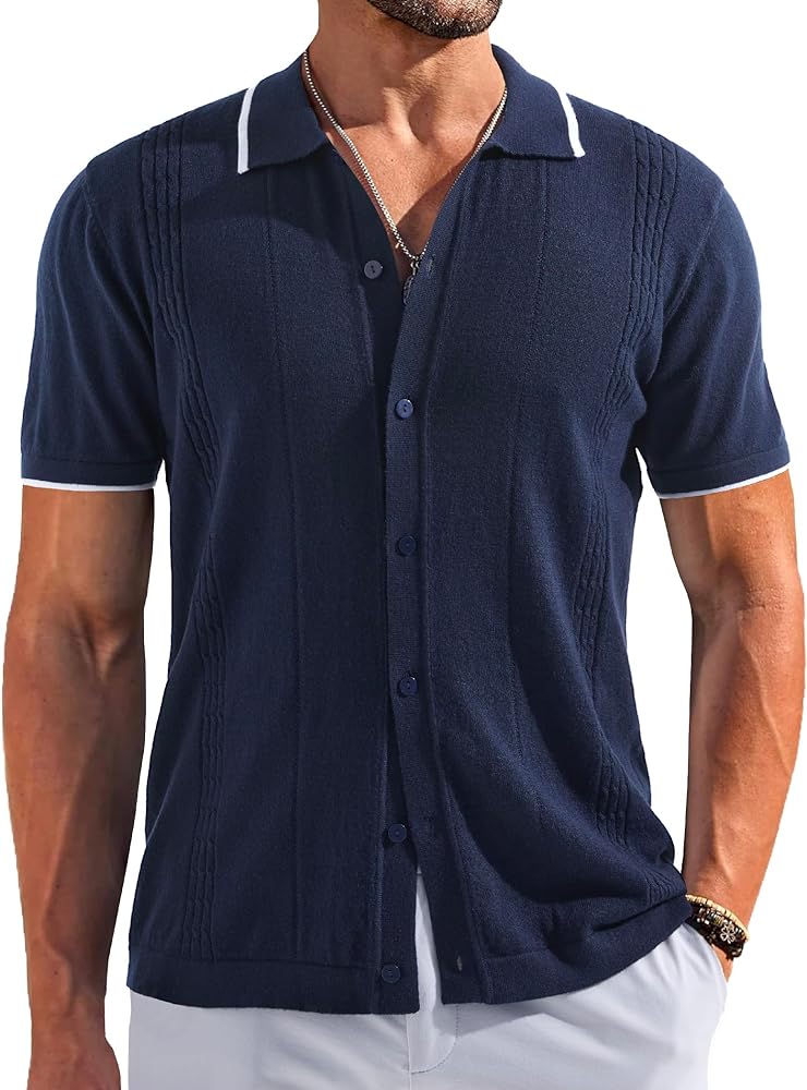 Men's Knit Button Down Shirt Short Sleeve Golf Polo Shirt Casual Beach Shirt