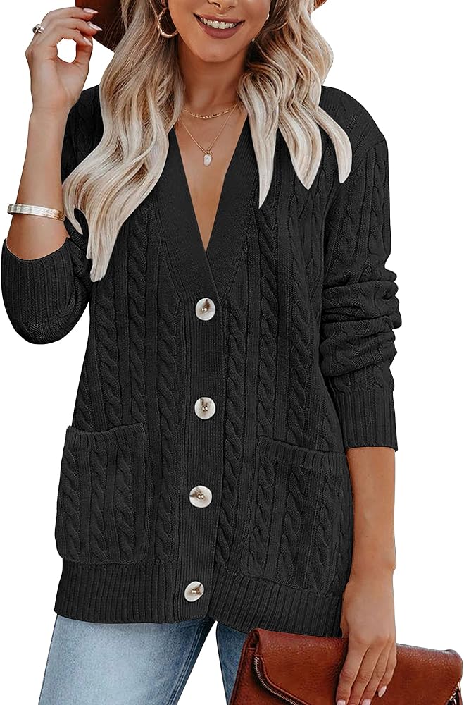 MEROKEETY Women's 2024 Long Sleeve Cable Knit Button Cardigan Sweater Open Front Outwear Coat with Pockets