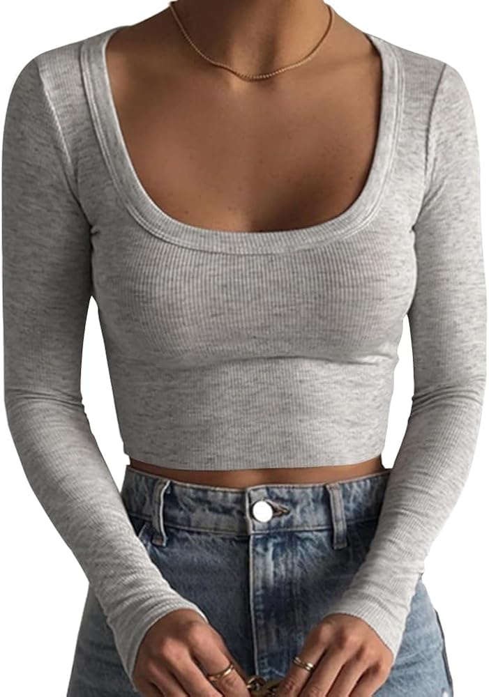 Artfish Women's Square Neck Long Sleeve Ribbed Slim Fitted Casual Basic Crop Top