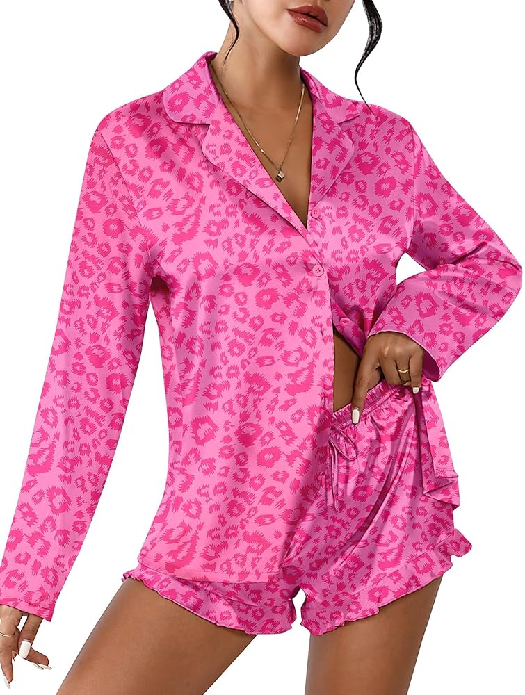 Ekouaer Womens Satin Pajama Sets Long Sleeve Top and Shorts Lounge Set Button Down Sleepwear