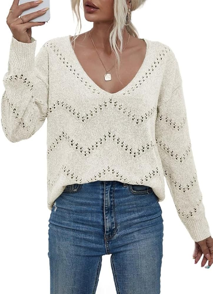 EVALESS Women's Crochet Sweater Top Hollow Out Long Sleeve Pullover Tops Fall Outfits Fashion 2024