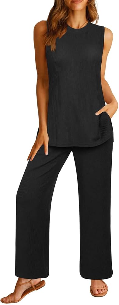 Newshows Womens Summer 2 Piece Outfits Ribbed Knit Tank Tops Wide Leg Pants Lounge Set Matching Tracksuit 2024 Spring Fashion