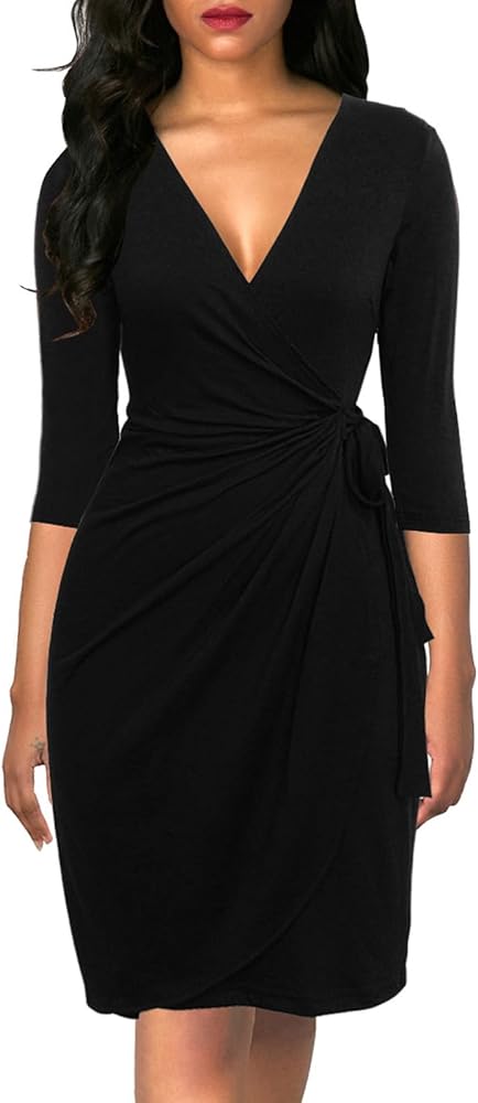 Berydress Women's Classic 3/4 Sleeve V Neck Sheath Casual Party Work Faux Black Wrap Dress