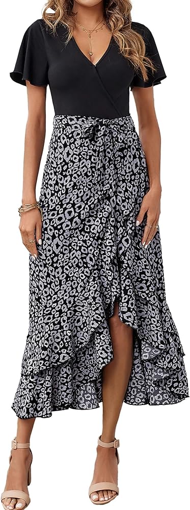 BTFBM Women Maxi Summer Dresses 2024 Short Sleeve V Neck Boho Floral Print Belted High Low Ruffle Cocktail Party Dress