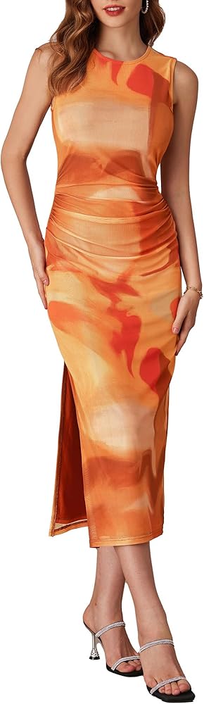 GRACE KARIN Bodycon Mesh Summer Dresses for Women Sleeveless Midi Tie Dye Dress Side Slit Cocktail Party Dresses