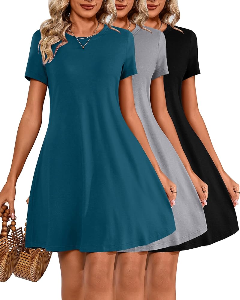 3 Pack Women Casual T Shirt Dresses Short Sleeve Round Neck Loose Fit Tunic Dresses Summer Swing Dress…