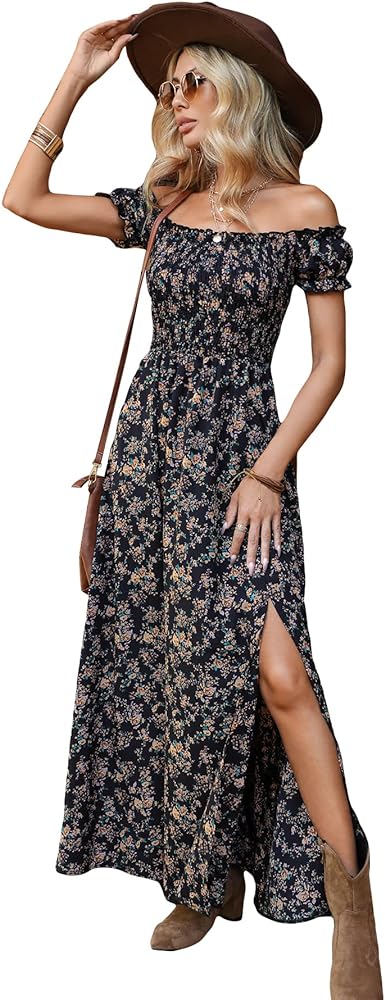 Floerns Women's Boho Ditsy Floral Print Off Shoulder Short Sleeve Split Maxi A Line Dress