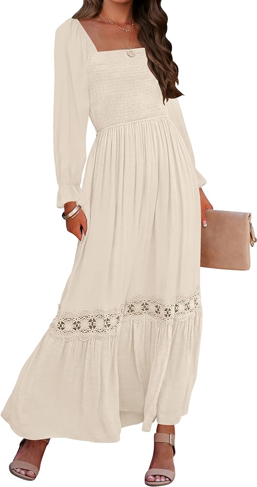 ZESICA Women's 2024 Boho Long Sleeve Square Neck Smocked High Waist Flowy A Line Lace Trim Maxi Dress