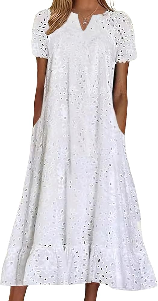 chouyatou Women Summer Ruffle Hem Floral Lace Eyelet Dress Casual Notch Neck Midi Tunic Dress with Pocket