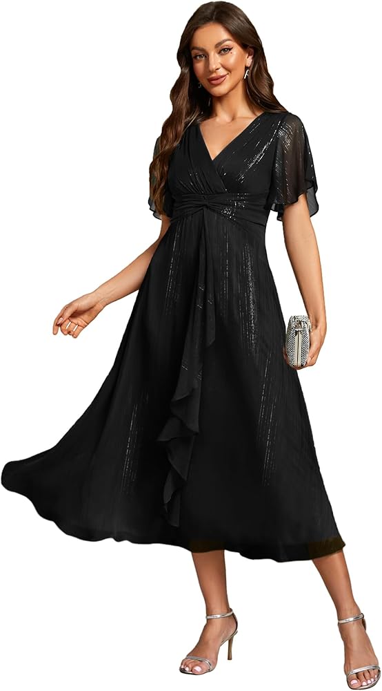 Ever-Pretty Women's Summer Glitter Knot Waist V Neck Ruffles Sleeves Pleated Wedding Guest Dress 02131