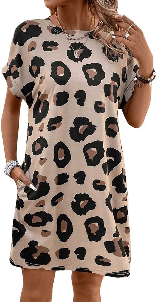 OYOANGLE Women's Summer Casual Leopard Graphic Print Short Sleeve Dress with Pockets