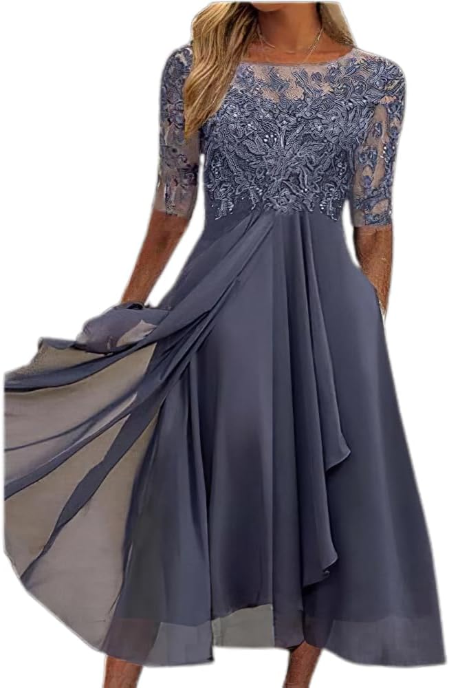 Akivide Women's Summer Chiffon Lace Maxi Dresses Half Sleeve Flowy Formal Evening Wedding Guest Dress