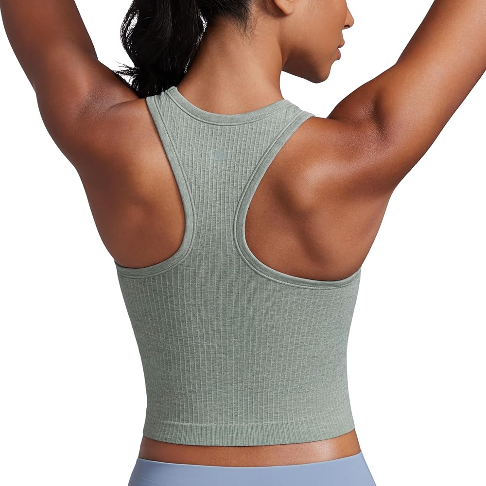 CRZ YOGA Womens Seamless Ribbed Longline High Neck Sports Bra - Racerback Padded Slim Fit Crop Tank Top with Built in Bra