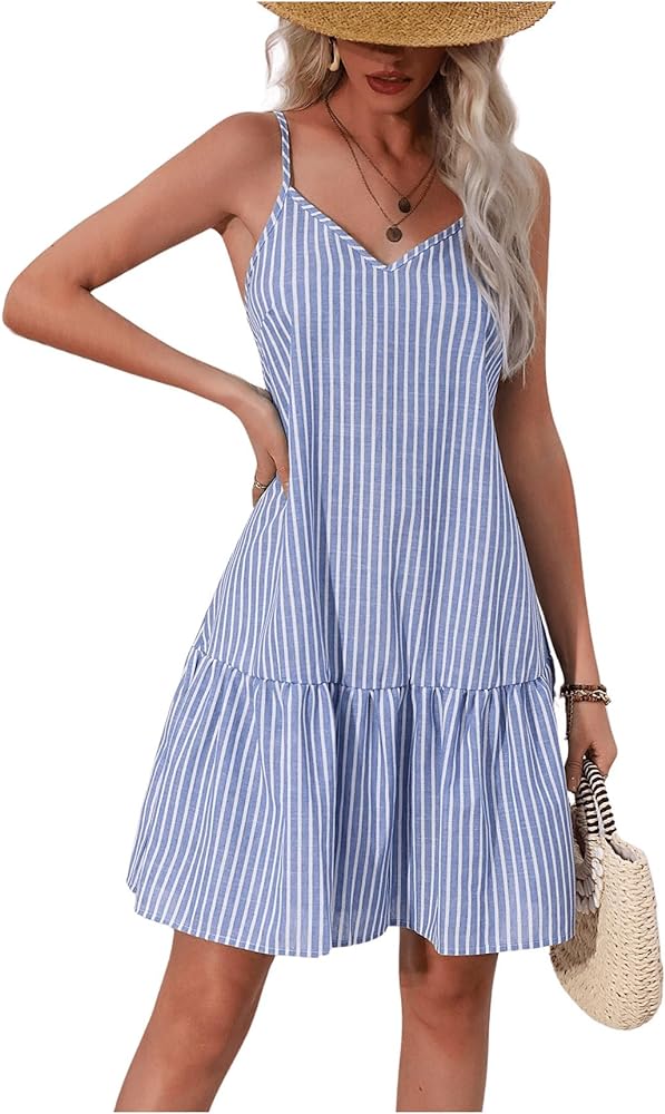 SOLY HUX Women's Summer Striped Short Cami Dresses Sleeveless Sundresses Spaghetti Straps Beach Flowy Mini Dress