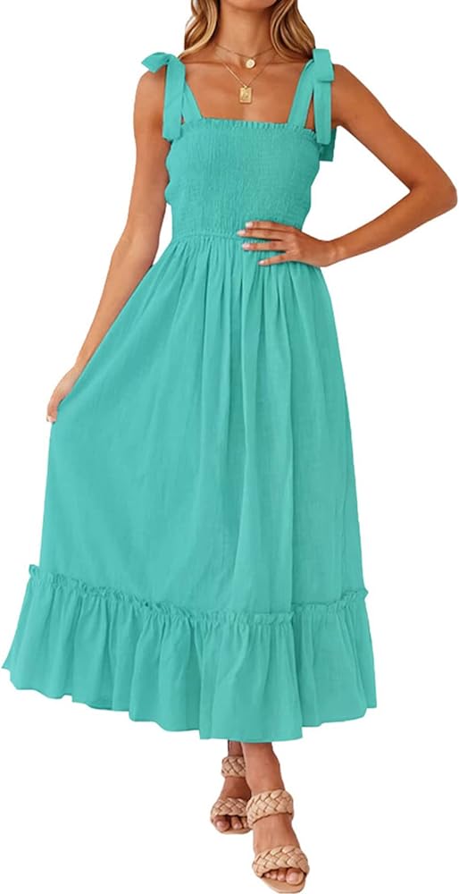 Tobrief Women's Boho Dress Summer Spaghetti Strap Square Neck Flowy Ruffle Beach Long Maxi Dress