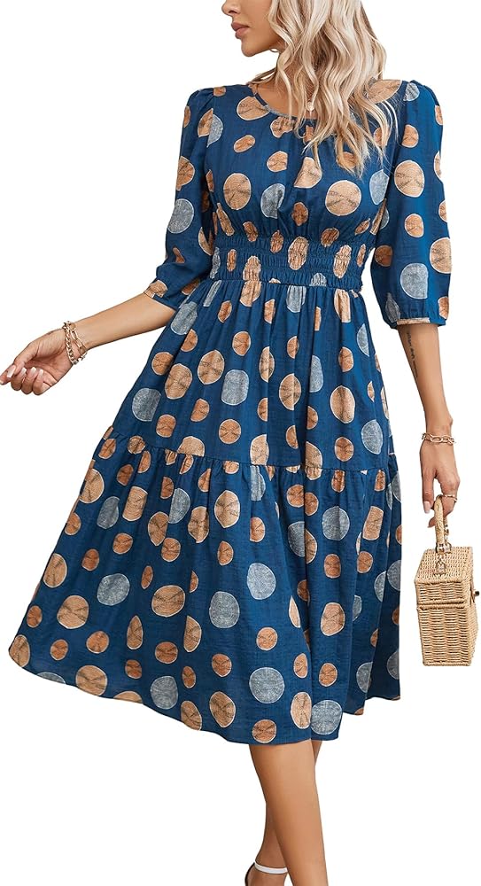 Kormei Women Casual Boho Floral Round Neck 3/4 Sleeve Smocked Waist Tiered A Line FLowy Swing Midi Dress Long Dresses