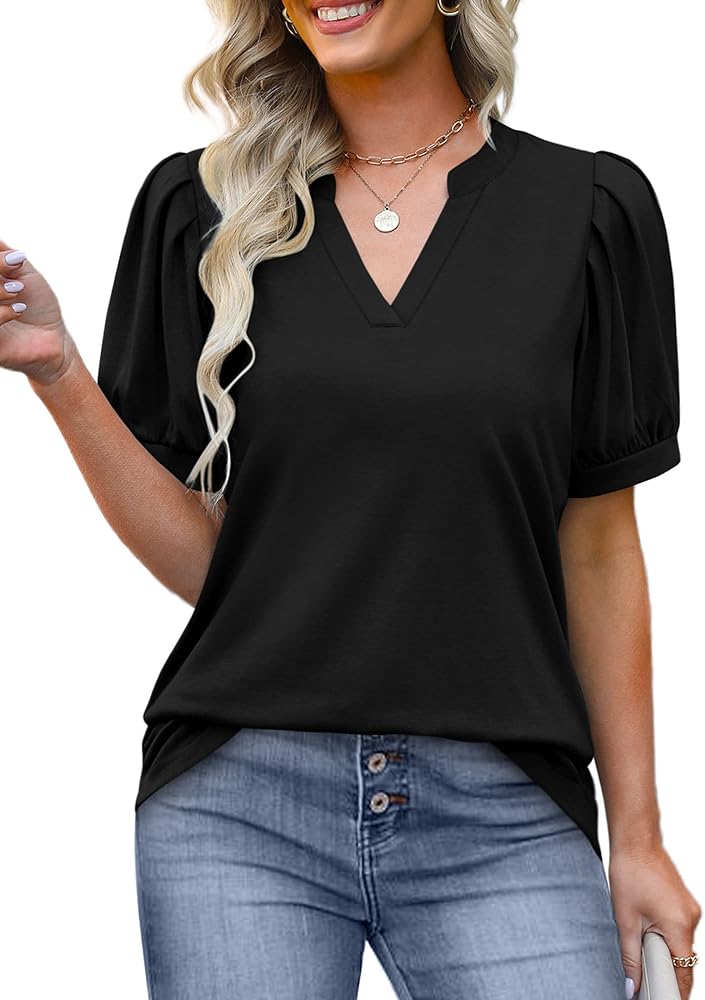 OFEEFAN Women's Pleated Puff Sleeve Tops Summer V Neck Tunic Shirts Loose Curved Hem Blouses Dressy Casual S-3XL