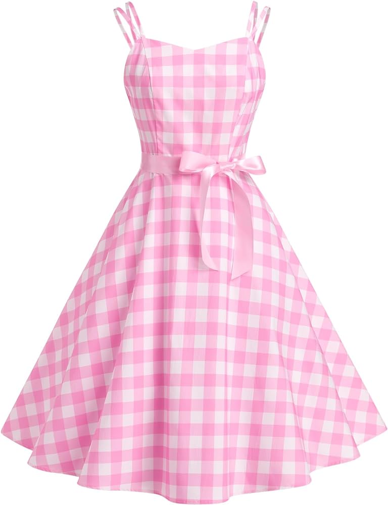 ODASDO Pink Gingham Dress for Women Vintage Rockabilly 1950s Spaghetti Strap A-line Swing Midi Cocktail Party Pageant Dress