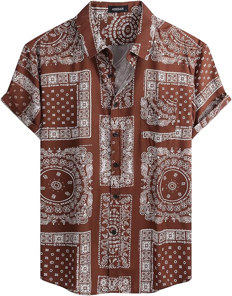 MCEDAR Mens Casual Button Down Short Sleeve Paisley Printed Summer Vintage Beach Vacation Shirts