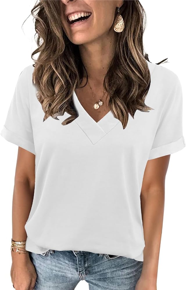 Heymiss Womens Summer Tops Short Sleeve Shirts V Neck T shirt Loose Casual S-2XL