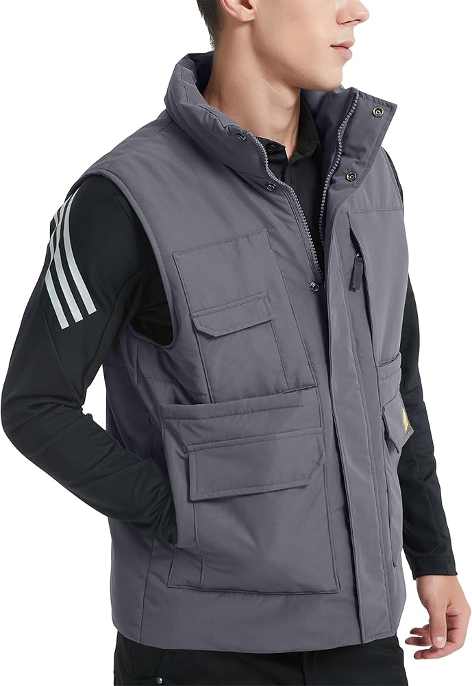 Men's Padded Puffer Vest Outdoor Water-Resistant Winter Vest for Men With 11 Cargo Pockets