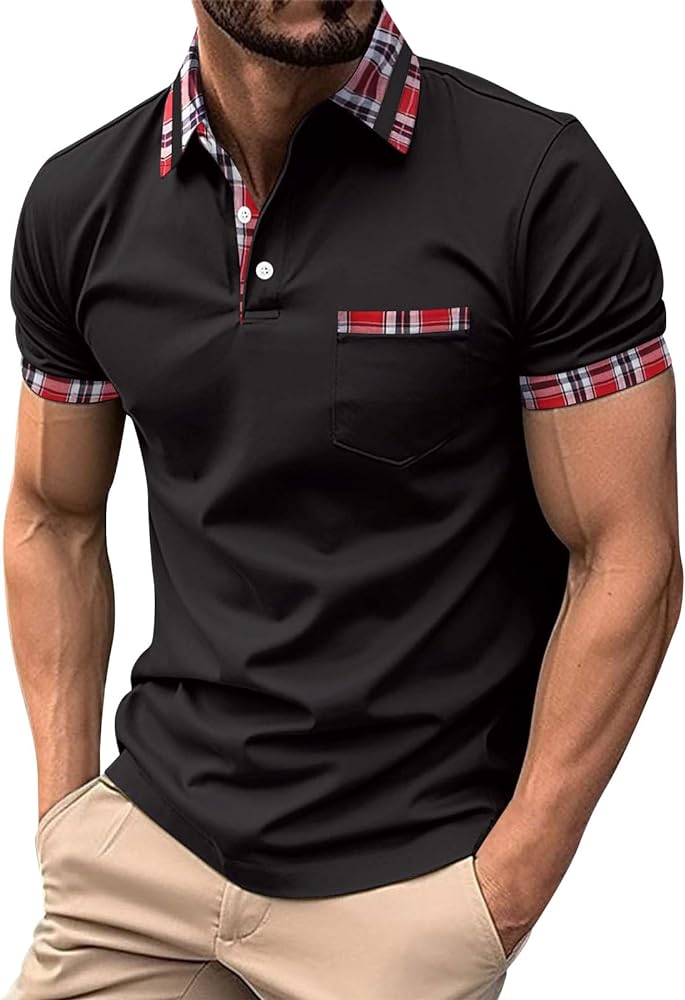 Men's Polo Shirts 2024 Solid/Color V Neck Short Sleeve Casual Polo T Shirt Block Slim Fit Golf Shirts with Pocket