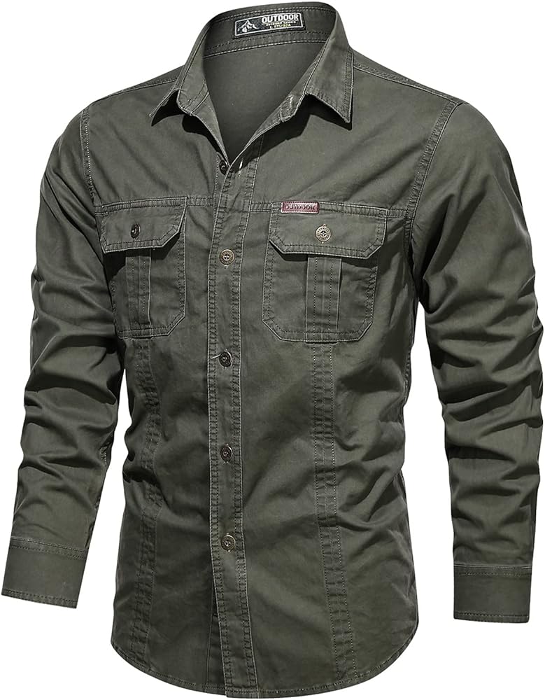 Mens Button up Long Sleeve Cargo Shirts Tactical Military Outdoor Shirts Big and Tall Hiking Fishing Shirts with Pocket