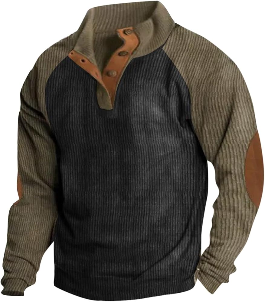 Mens Vintage Sweatshirt Raglan Button Up Stand Collar Long Sleeved Corduroy Shirt Outdoor Casual Pullover Top