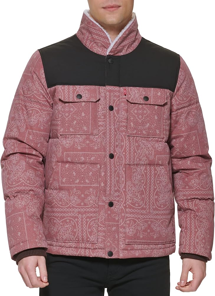 Levi's Men's Mixed Media Quilted Puffer Jacket with Sherpa Lined Collar