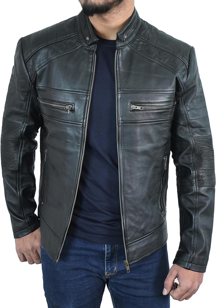 Cafe Racer Premium Leather Jacket Men - Motorcycle Biker Style Slim Fit Real Lambskin Men's Leather Jacket Classic