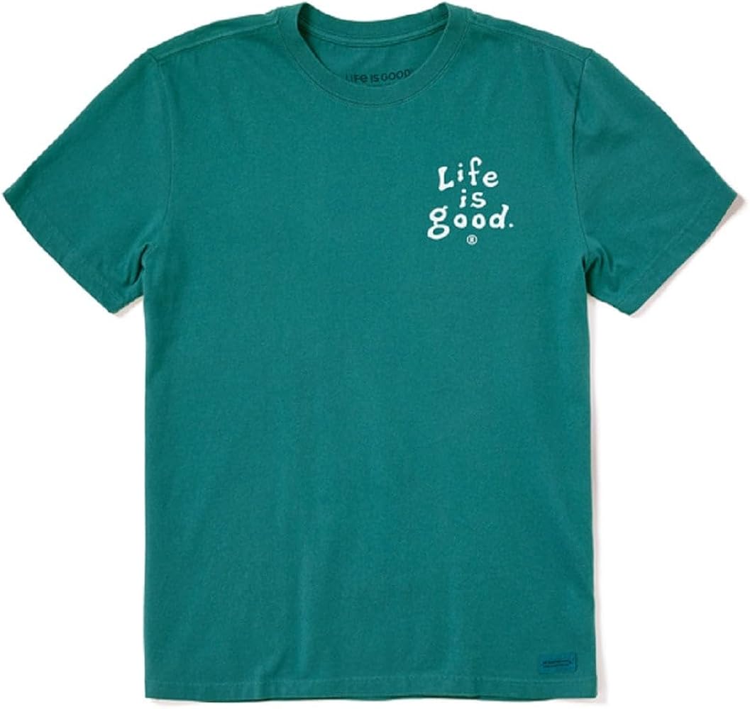 Life is Good. Men's LIG Vintage Wordmark Stacked Crusher Tee, Spruce Green