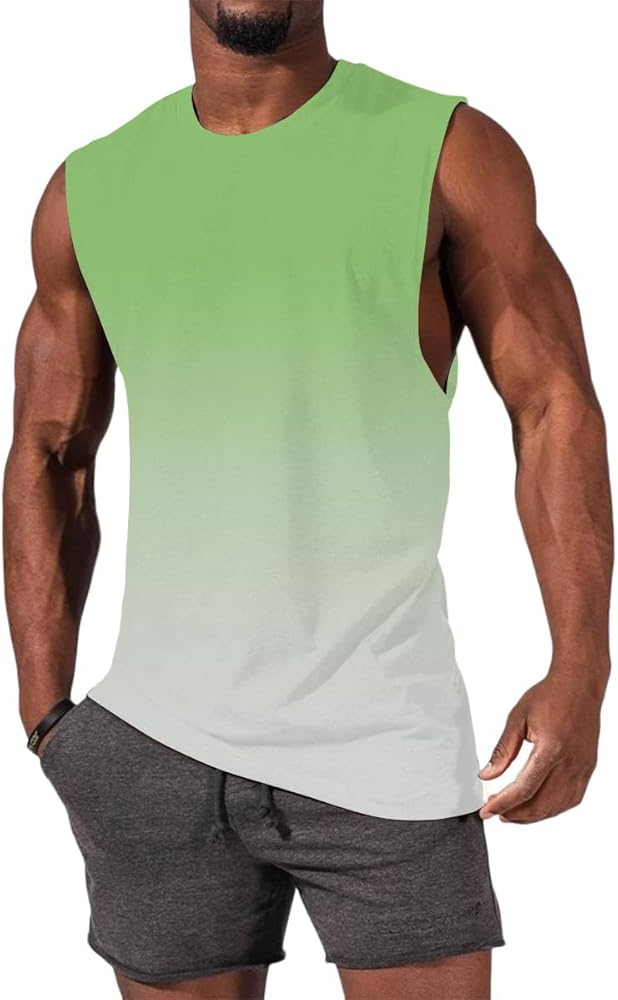 Mens Gradient Shirts Sleeveless Dry Fit Tank Tops Loose Fit Crew Neck Workout Fittness Shirts