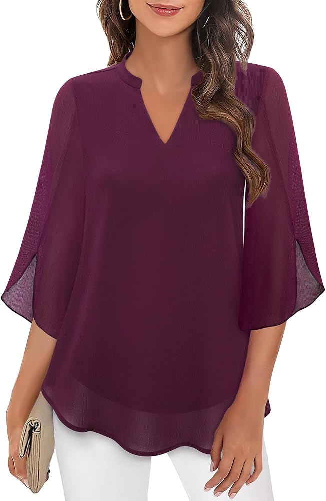 Bebonnie Womens Tops Dressy Casual Ruffle 3/4 Sleeve V Neck Double Layers Chiffon Blouses Tops