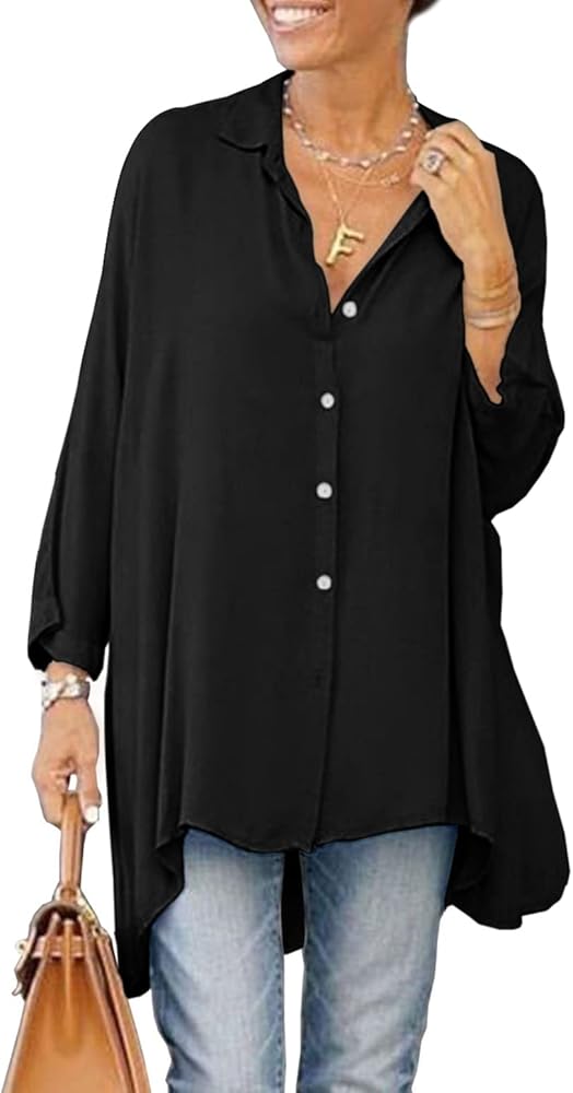 Aoysky Womens Oversized T Shirts Button Down Long Sleeve Shirt V Neck Collar Loose Flowy Blouse